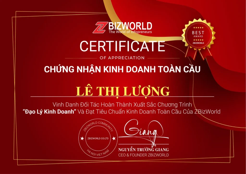Chứng nhận Đạo Lý Kinh Doanh của Lê Thị Lượng