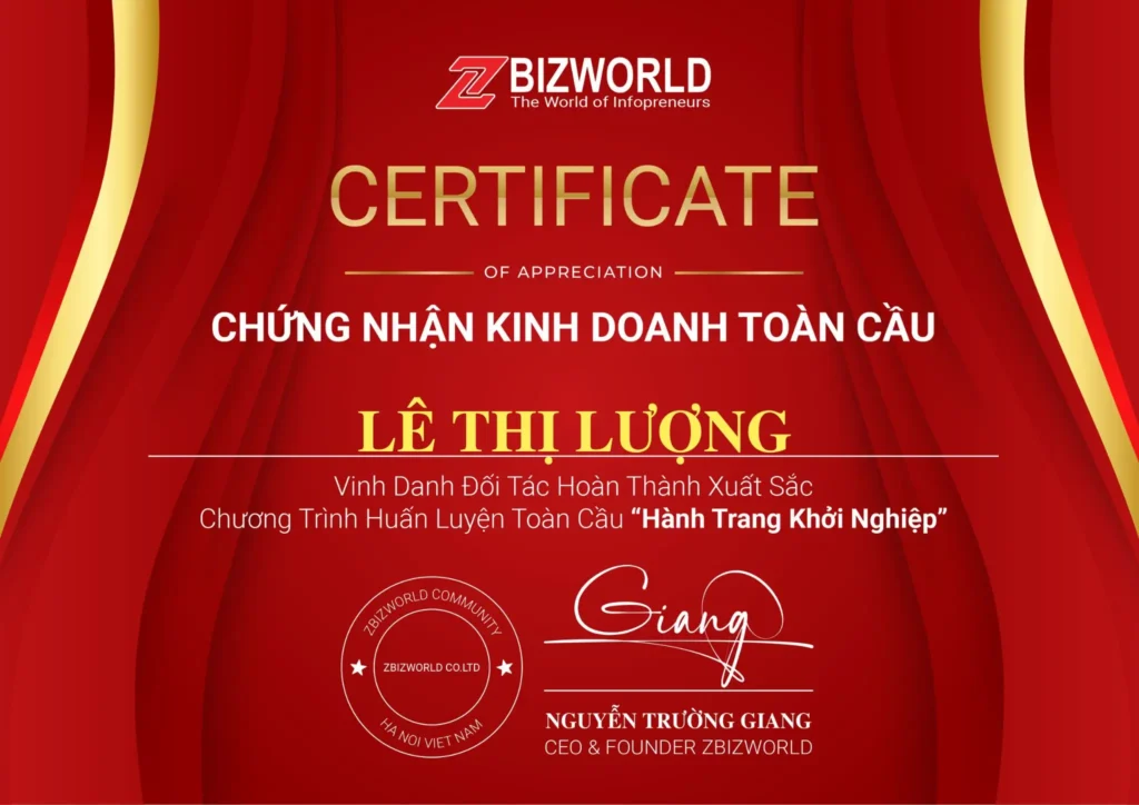 Chứng nhận Hành Trang Khởi Nghiệp của Lê Thị Lượng